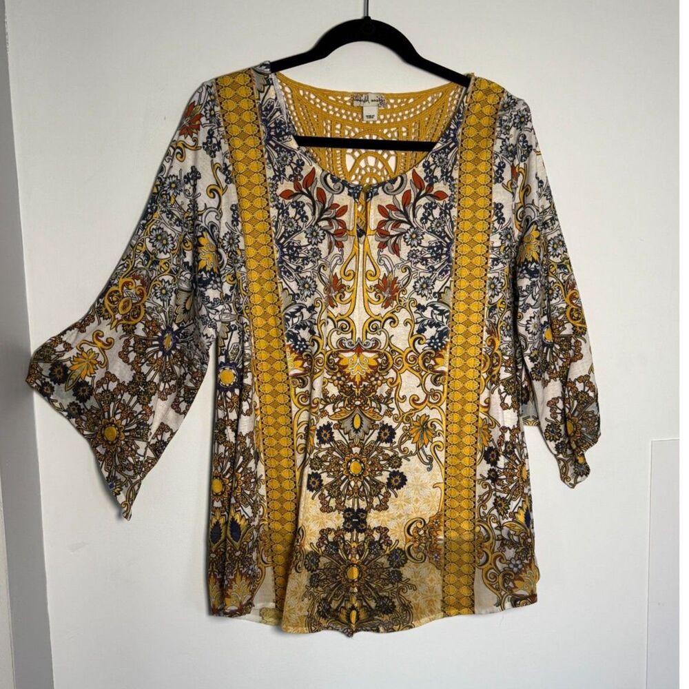 World Unity Tunic Size XL with Yellow Crocheted Back